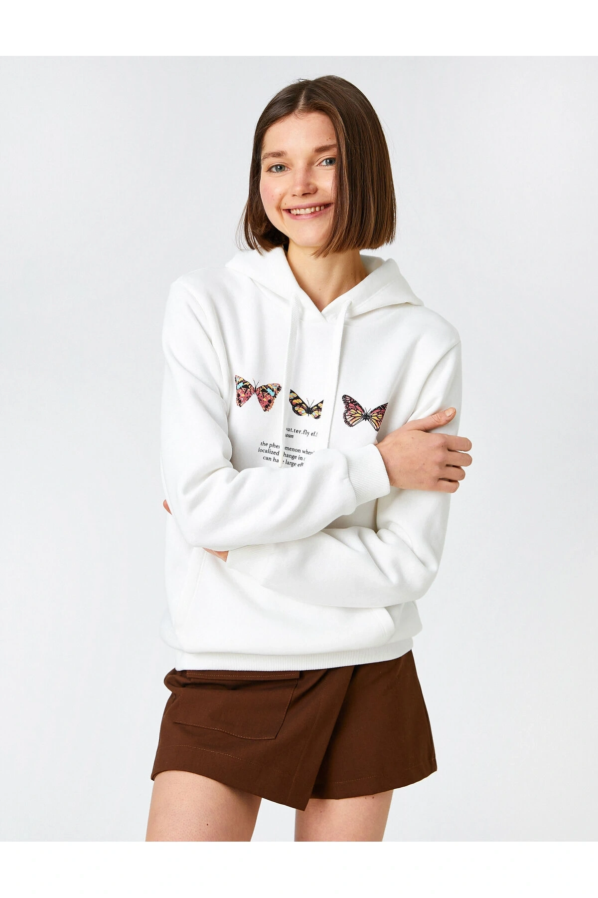 Kelebek Baskılı Sweatshirt Kapüşonlu Uzun Kollu