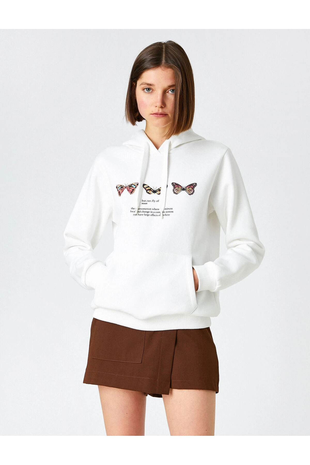 Kelebek Baskılı Sweatshirt Kapüşonlu Uzun Kollu