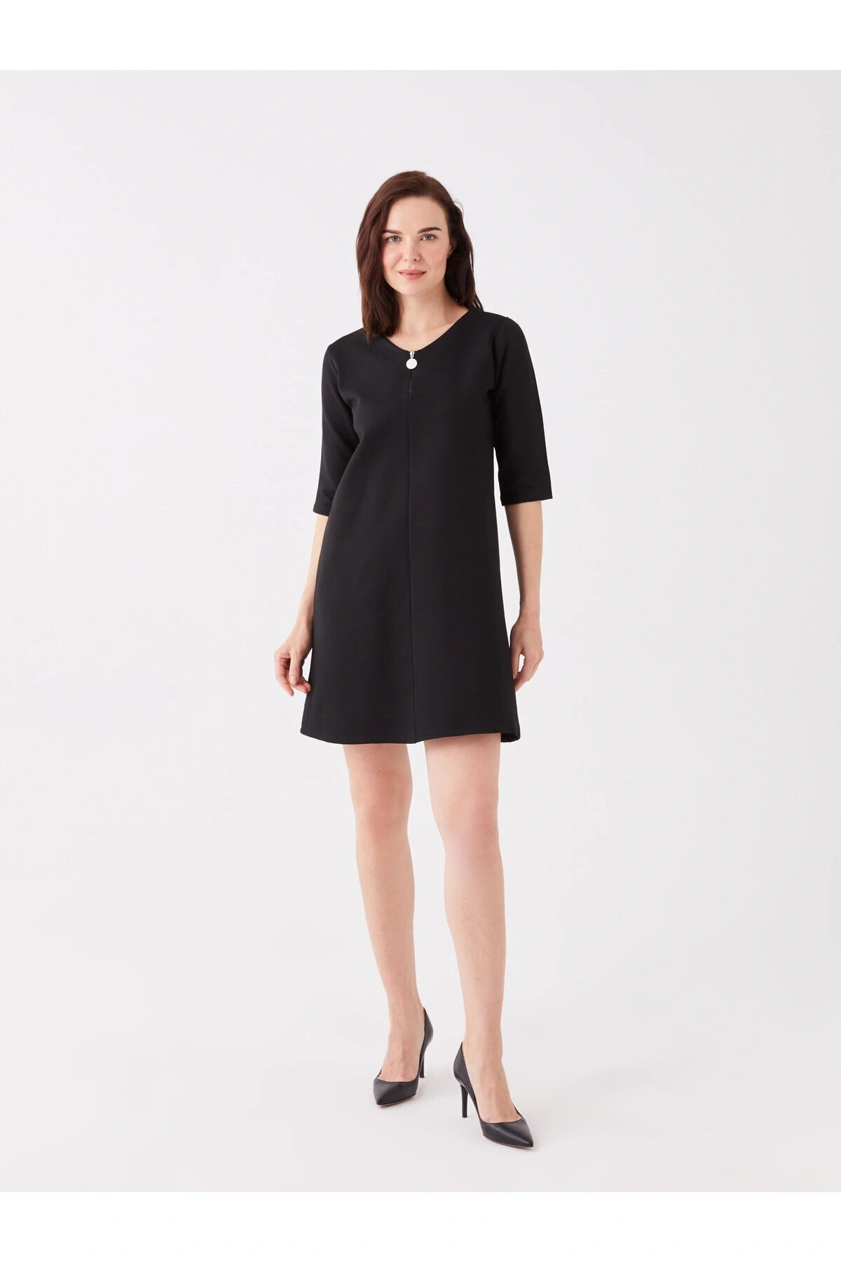 V Yaka Düz Kısa Kollu Kadın Elbise