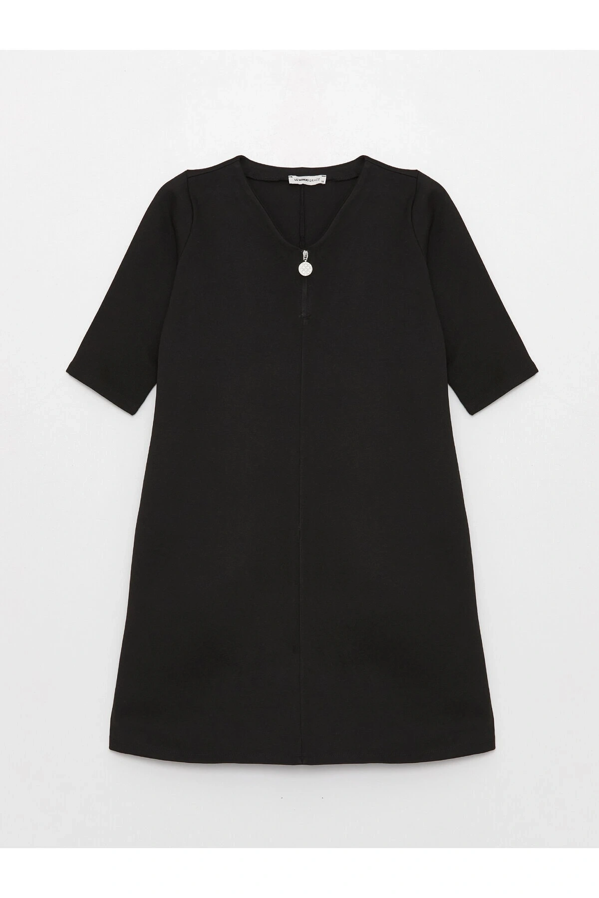 V Yaka Düz Kısa Kollu Kadın Elbise