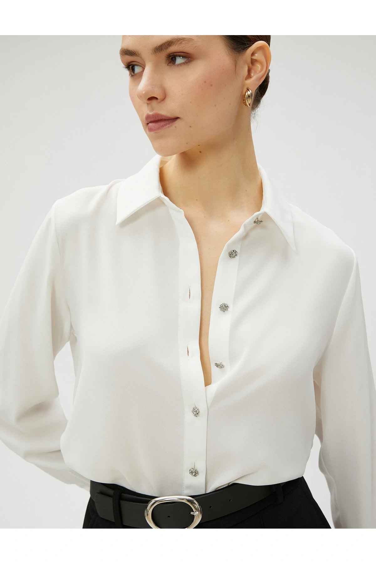 Taşlı Gömlek Düğmeli Uzun Kollu
