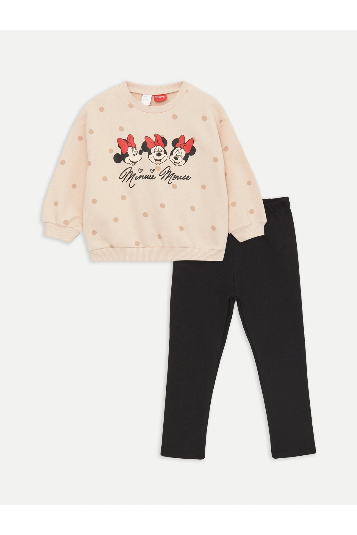 Bisiklet Yaka Uzun Kollu Minnie Mouse Baskılı Kız Bebek Sweatshirt ve Tayt 2li Takım