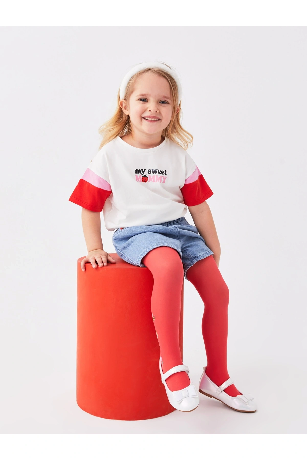 Linalin by Pelin Akil Ekru Bisiklet Yaka Kısa Kollu Baskılı Kız Bebek Tişört Anne Kız Kombini