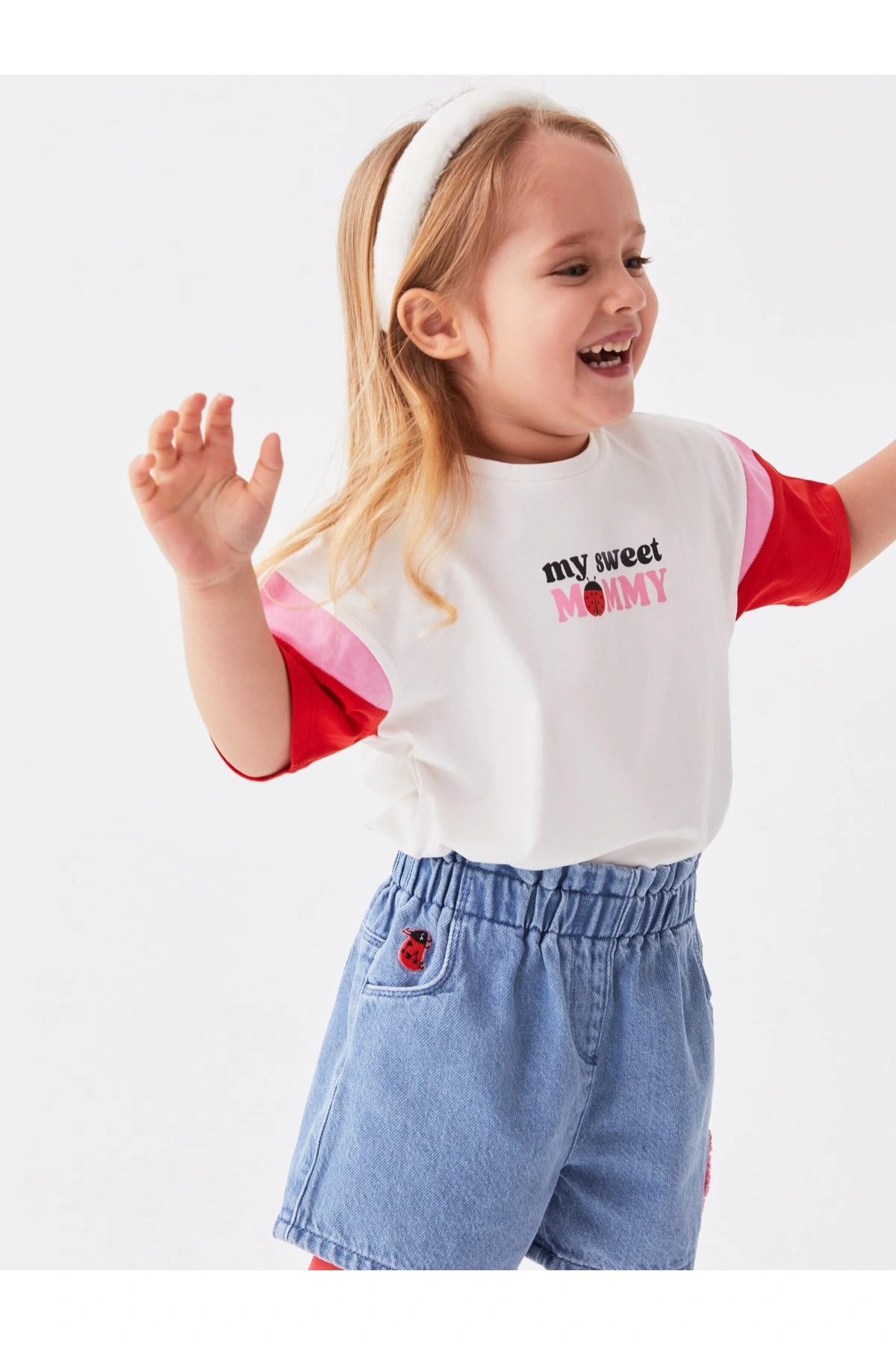 Linalin by Pelin Akil Ekru Bisiklet Yaka Kısa Kollu Baskılı Kız Bebek Tişört Anne Kız Kombini