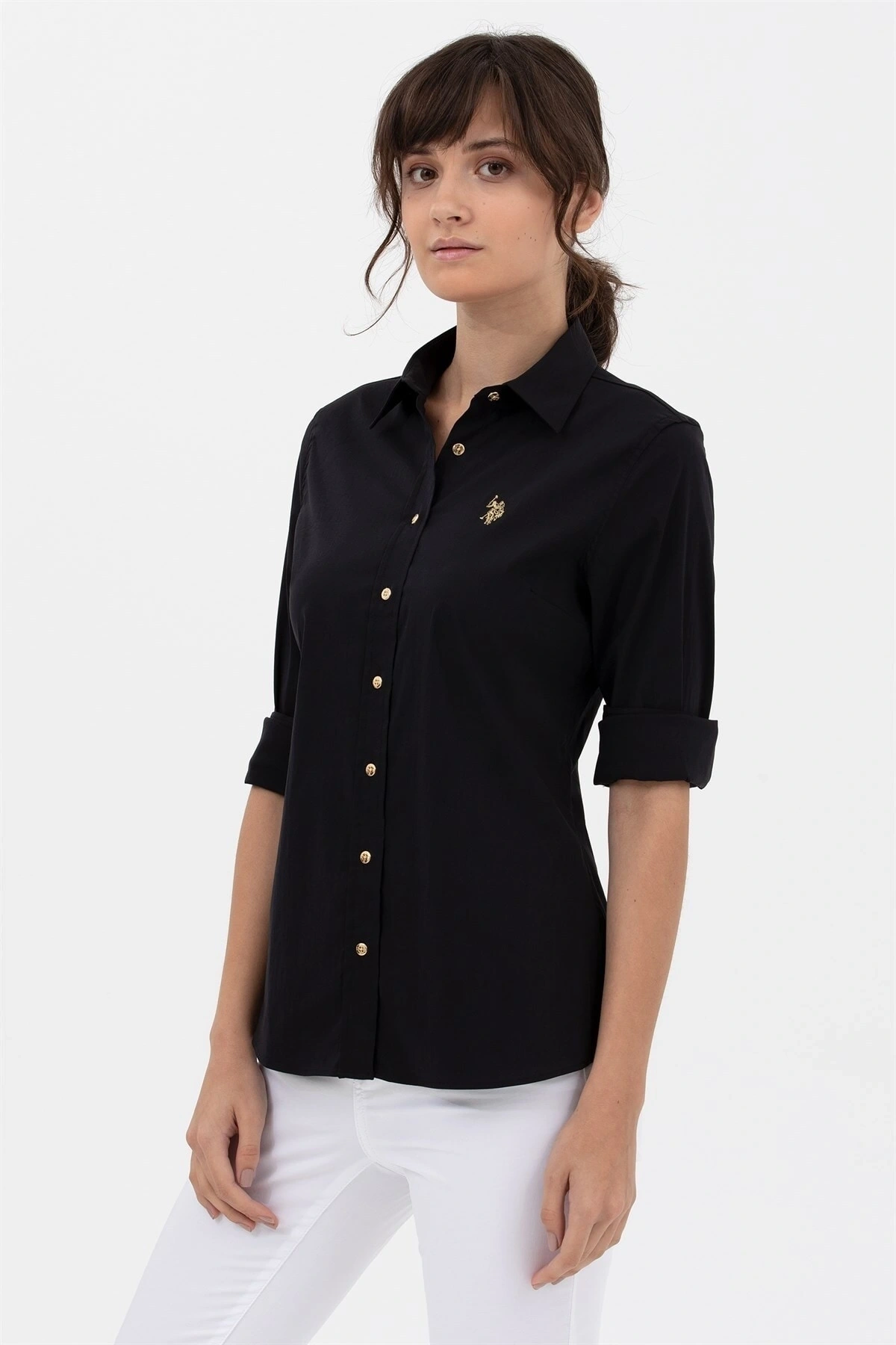 Kadın Metal Düğmeli Kol Kıvırmalı Gömlek