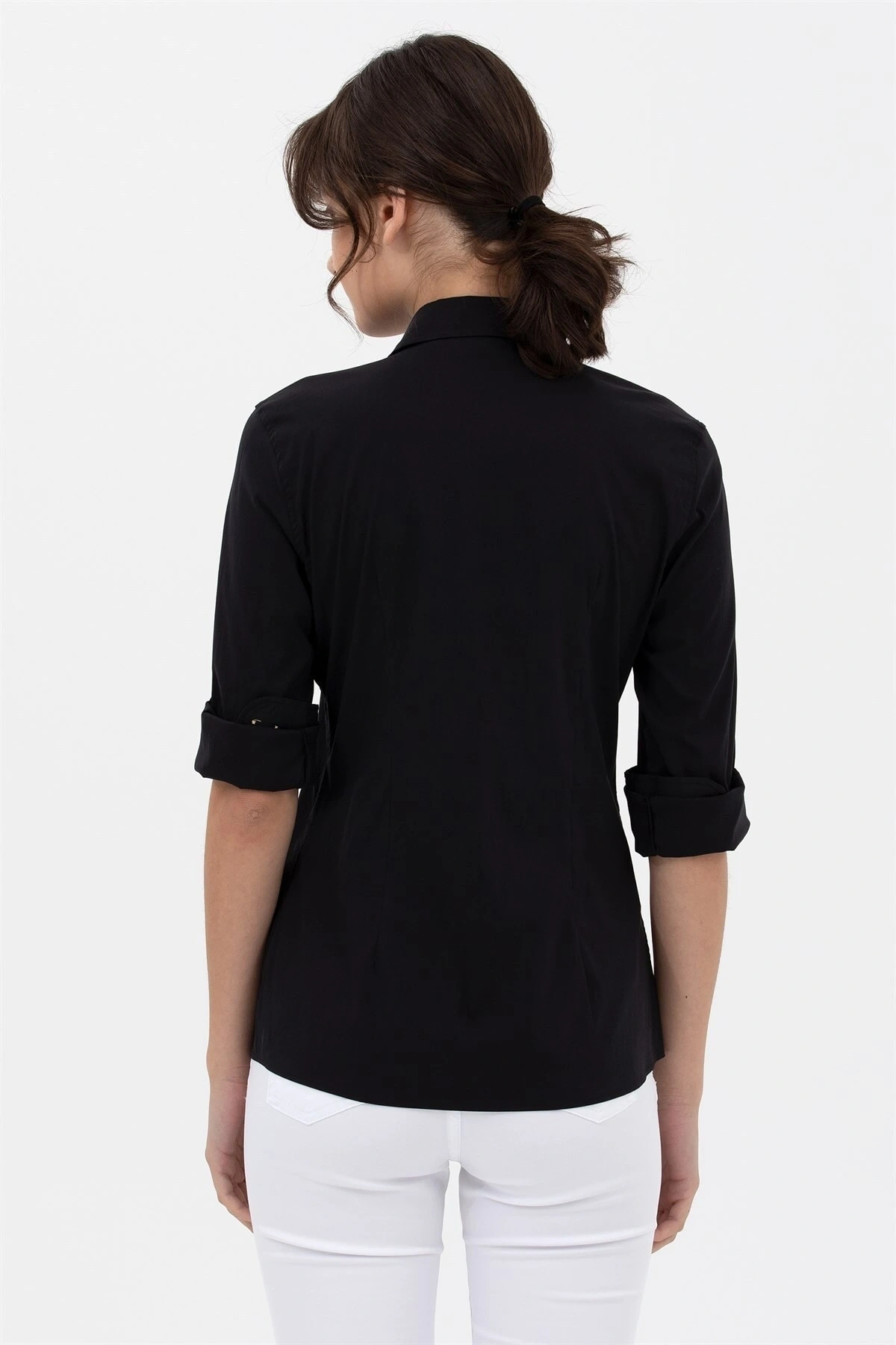 Kadın Metal Düğmeli Kol Kıvırmalı Gömlek