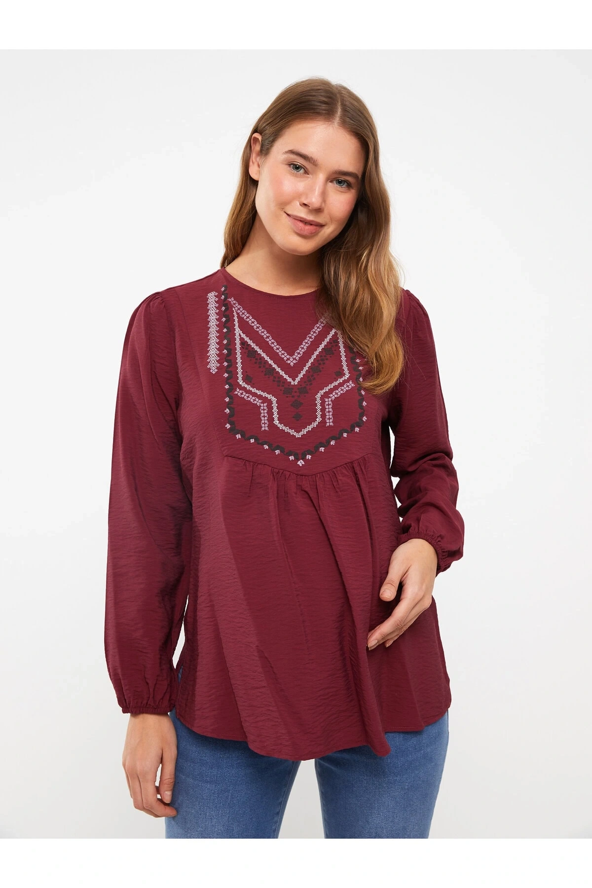 Bisiklet Yaka Nakışlı Uzun Kollu Hamile Bluz