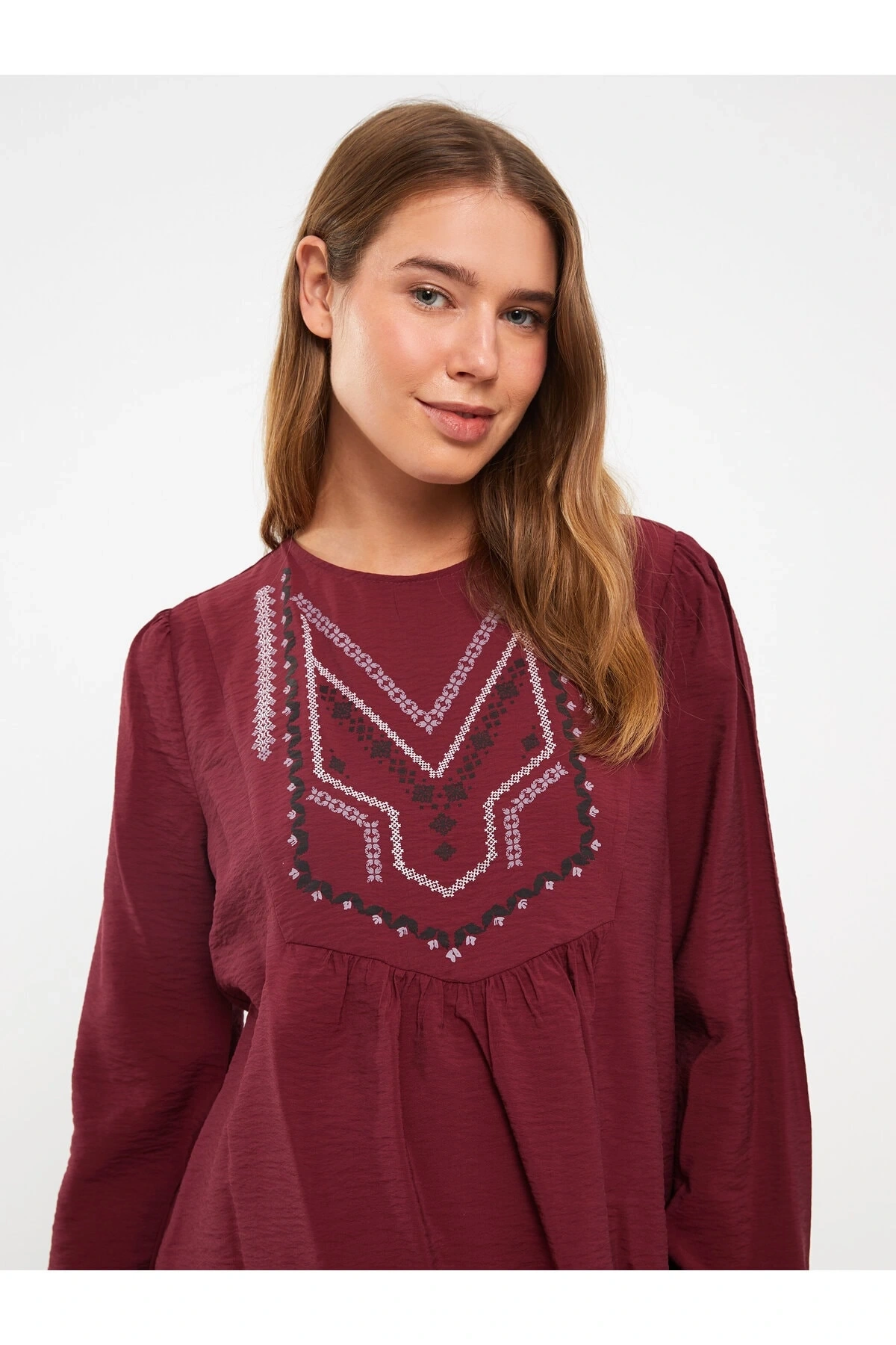 Bisiklet Yaka Nakışlı Uzun Kollu Hamile Bluz