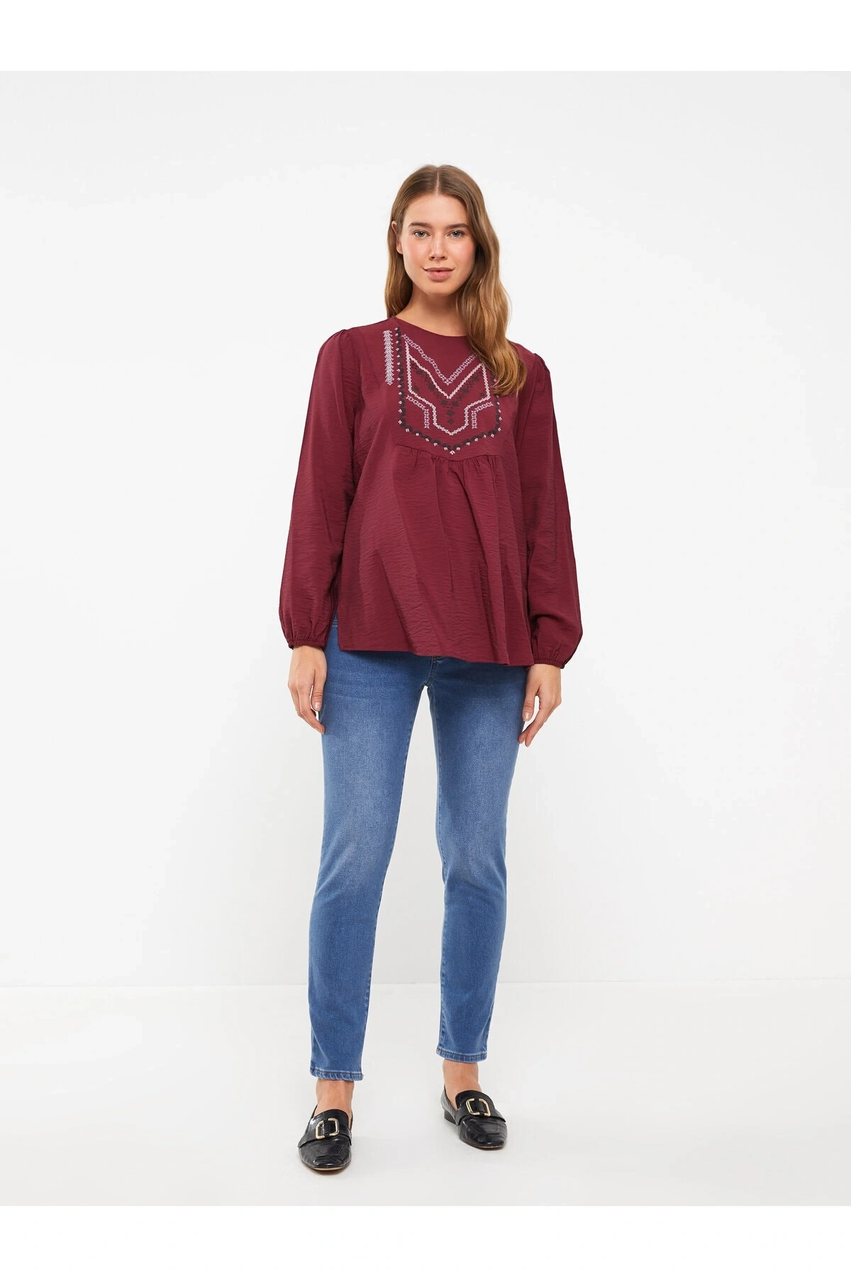 Bisiklet Yaka Nakışlı Uzun Kollu Hamile Bluz