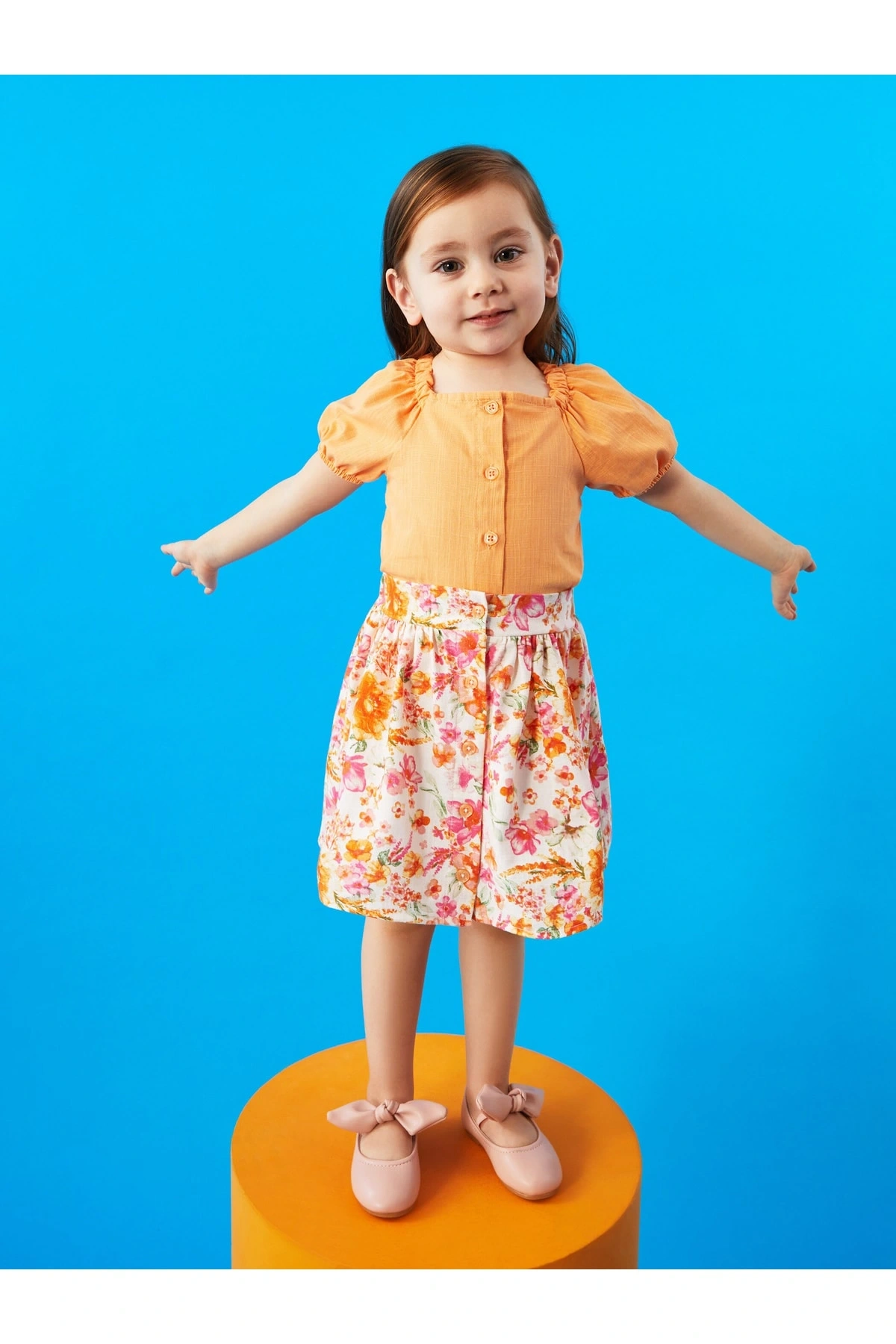 Kare Yaka Kısa Kollu Kız Bebek Gömlek Ve Etek 2li Takım