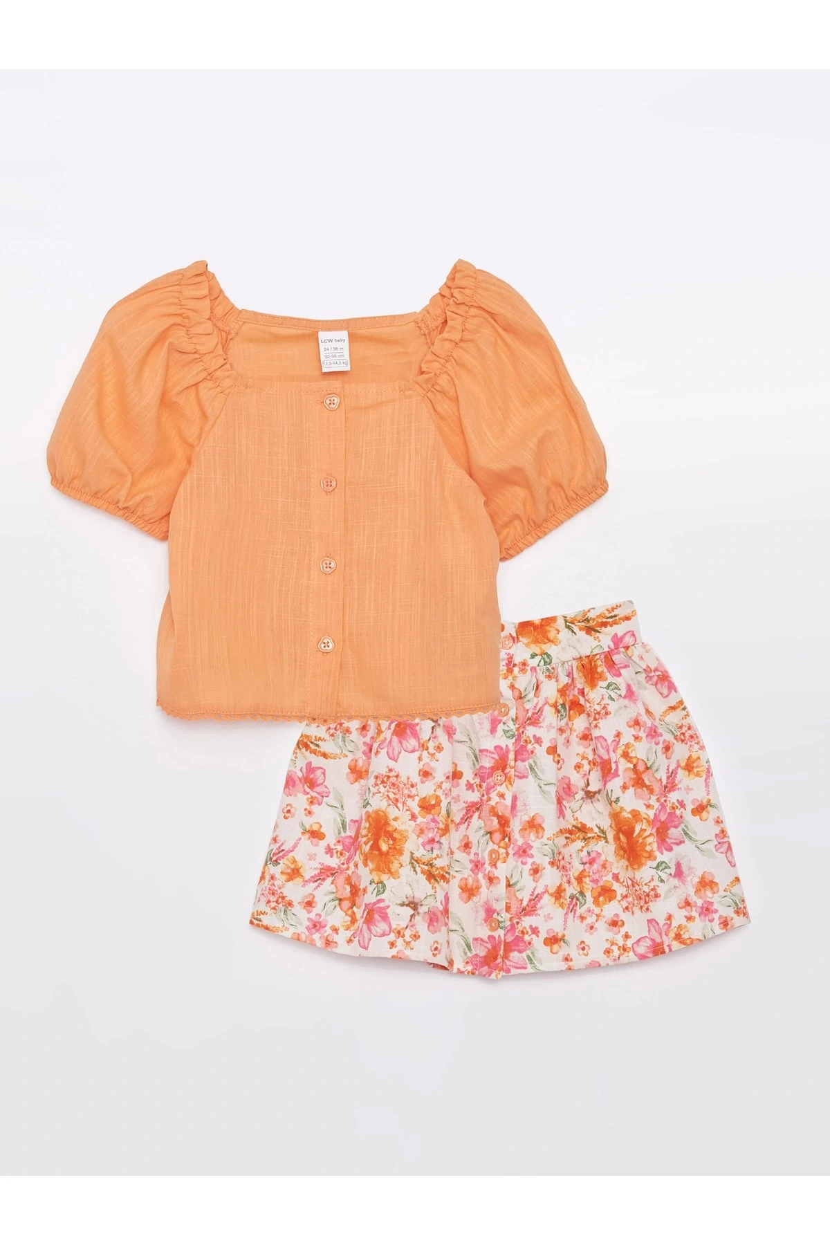 Kare Yaka Kısa Kollu Kız Bebek Gömlek Ve Etek 2li Takım