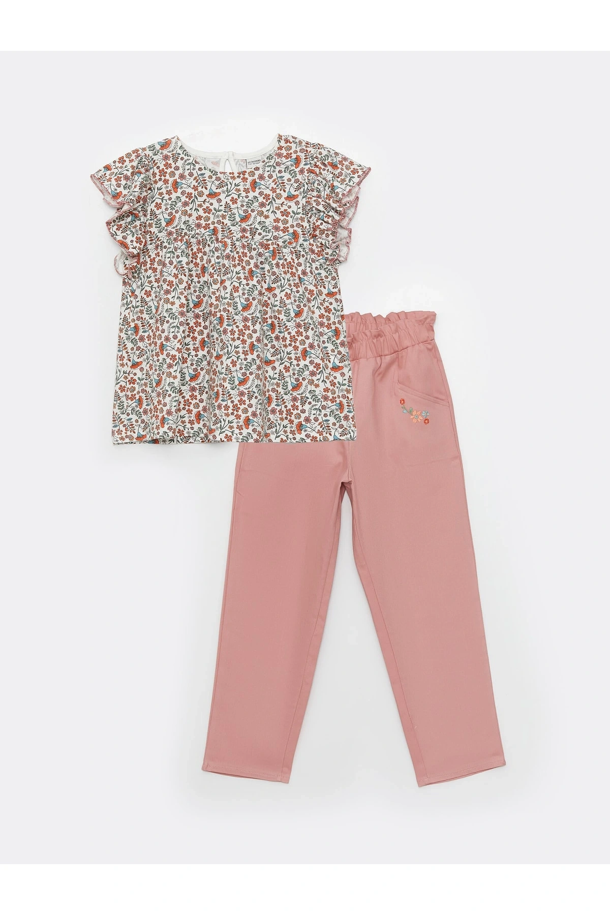 Bisiklet Yaka Desenli Kısa Kollu Kız Çocuk Bluz Ve Pantolon