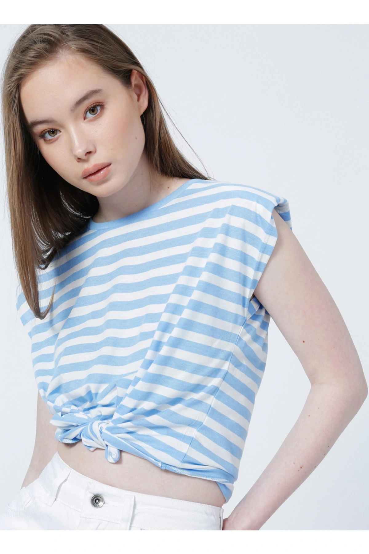 22y0058k1 Bisiklet Yakakolsuz Normal Kalıp Çizgili Mavi Kadınt-shirt