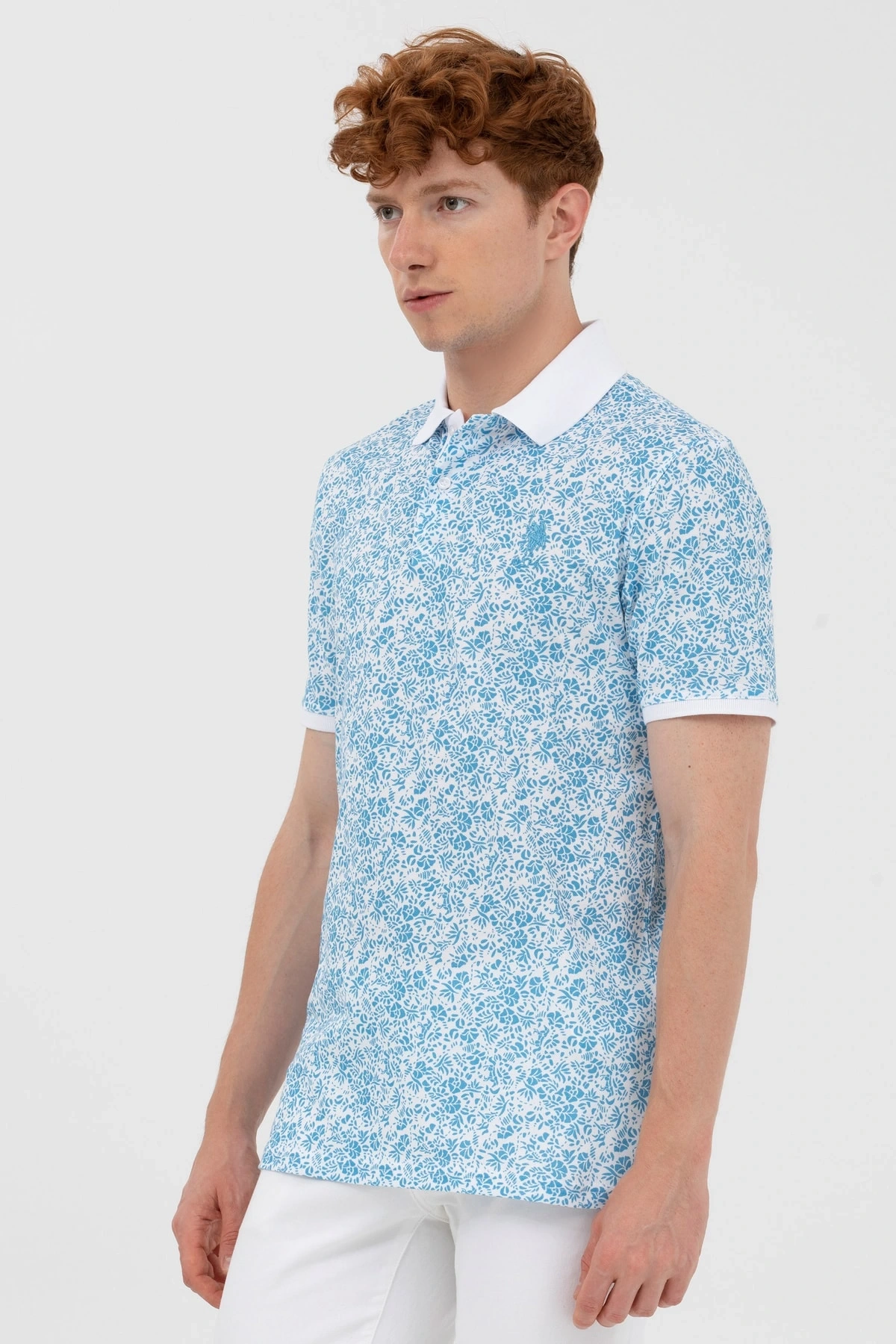 Erkek Dokuma Desenli Polo Yaka Turkuaz T-shirt