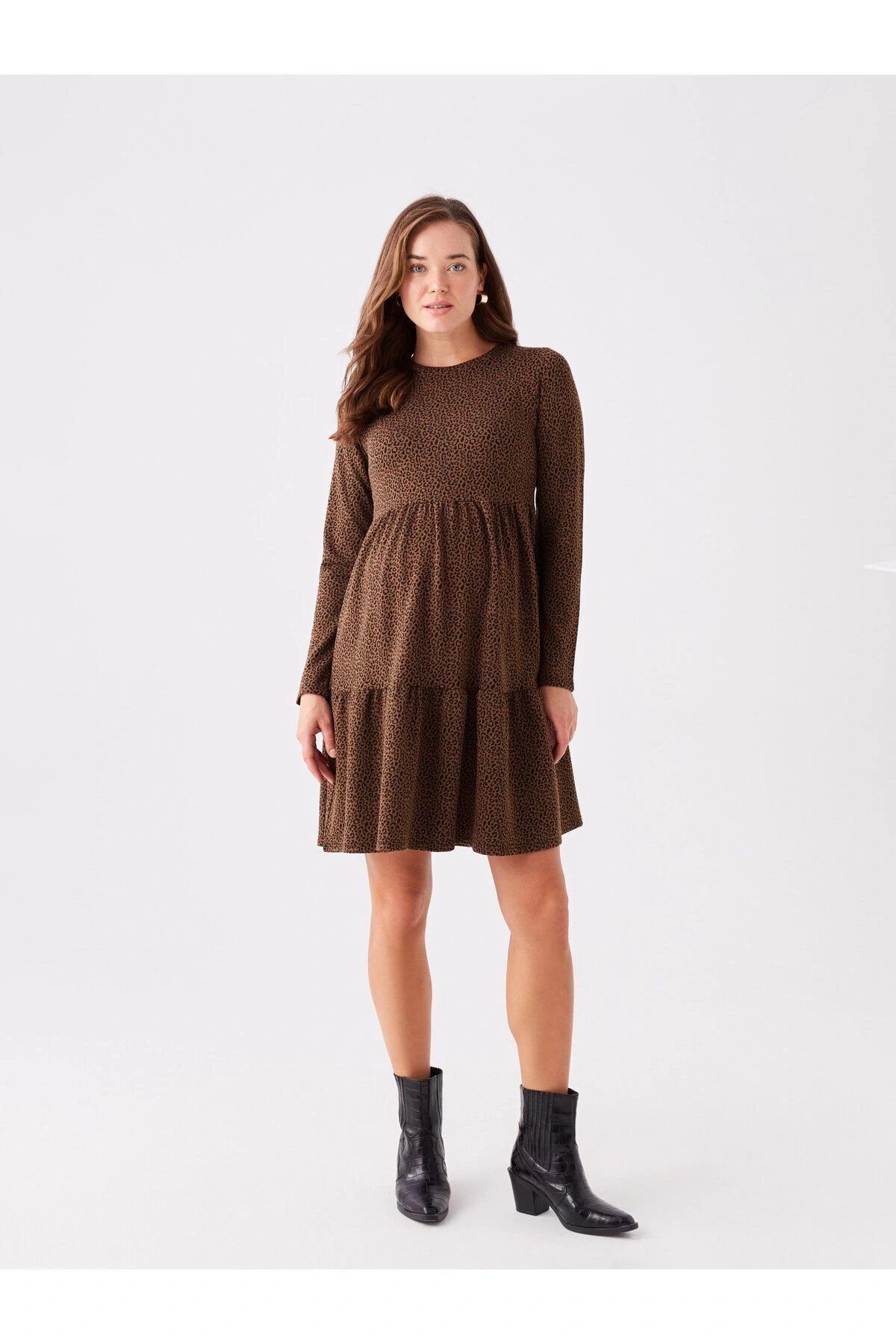 LCWAIKIKI Maternity Bisiklet Yaka Desenli Uzun Kollu Hamile Elbise