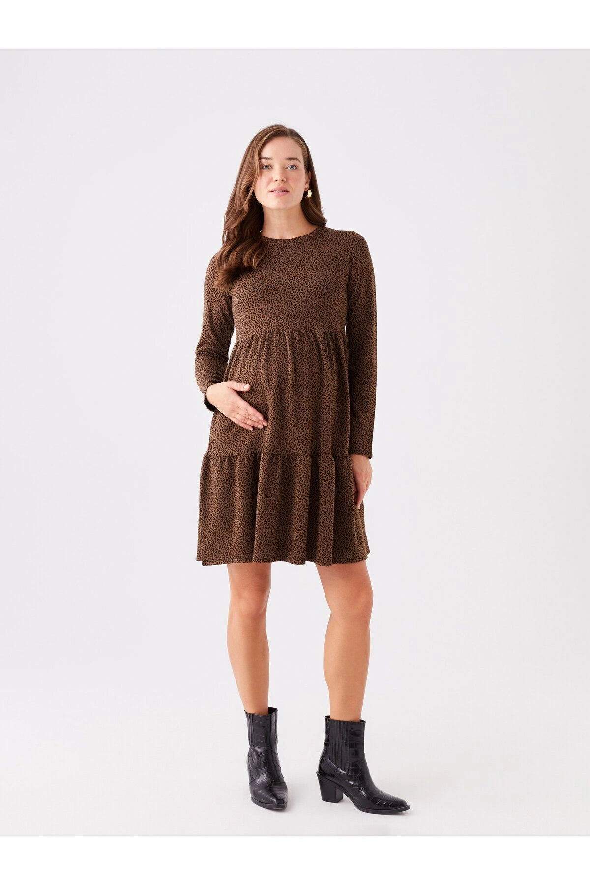 LCWAIKIKI Maternity Bisiklet Yaka Desenli Uzun Kollu Hamile Elbise