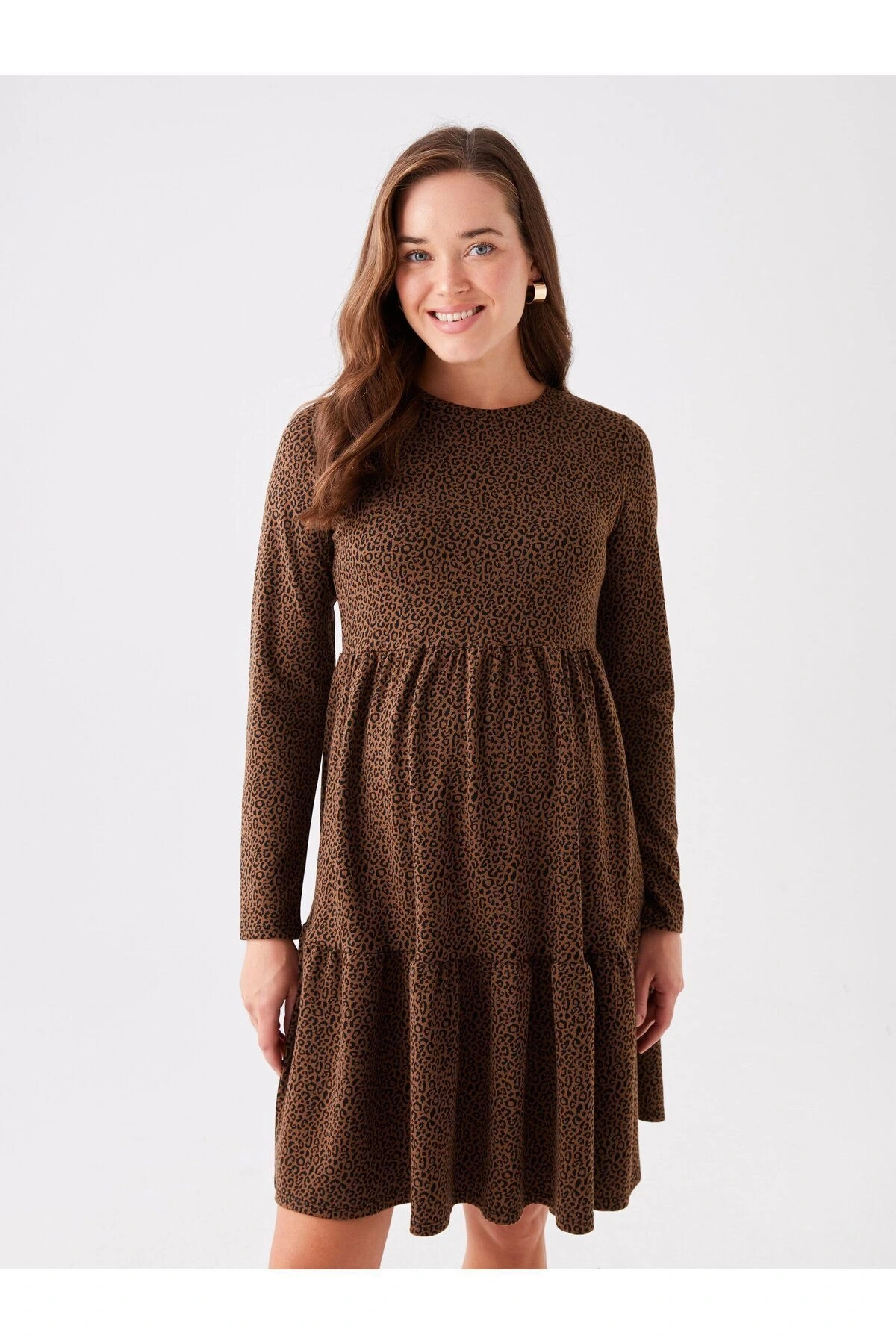 LCWAIKIKI Maternity Bisiklet Yaka Desenli Uzun Kollu Hamile Elbise