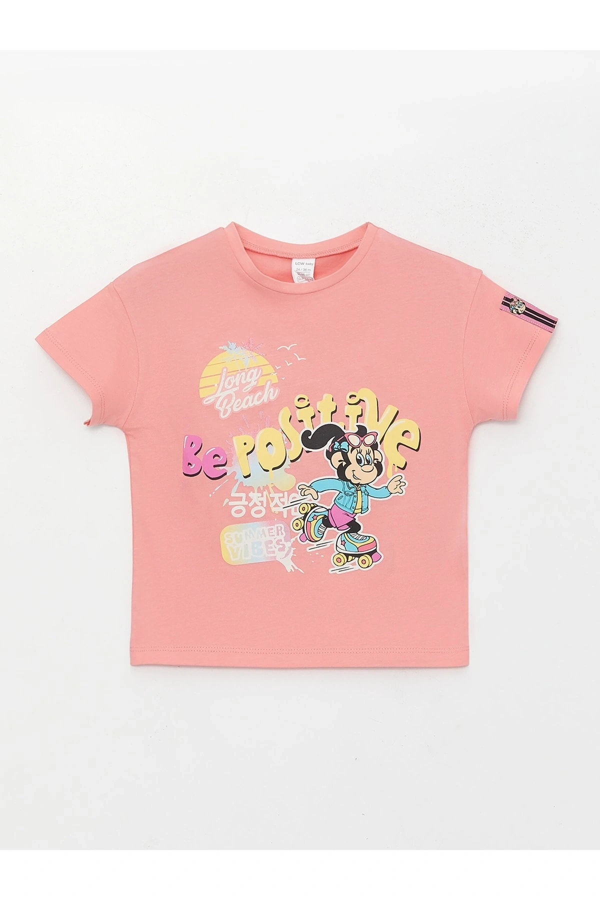 Bisiklet Yaka Kısa Kollu Nostaljik Maymun Baskılı Kız Bebek Tişört