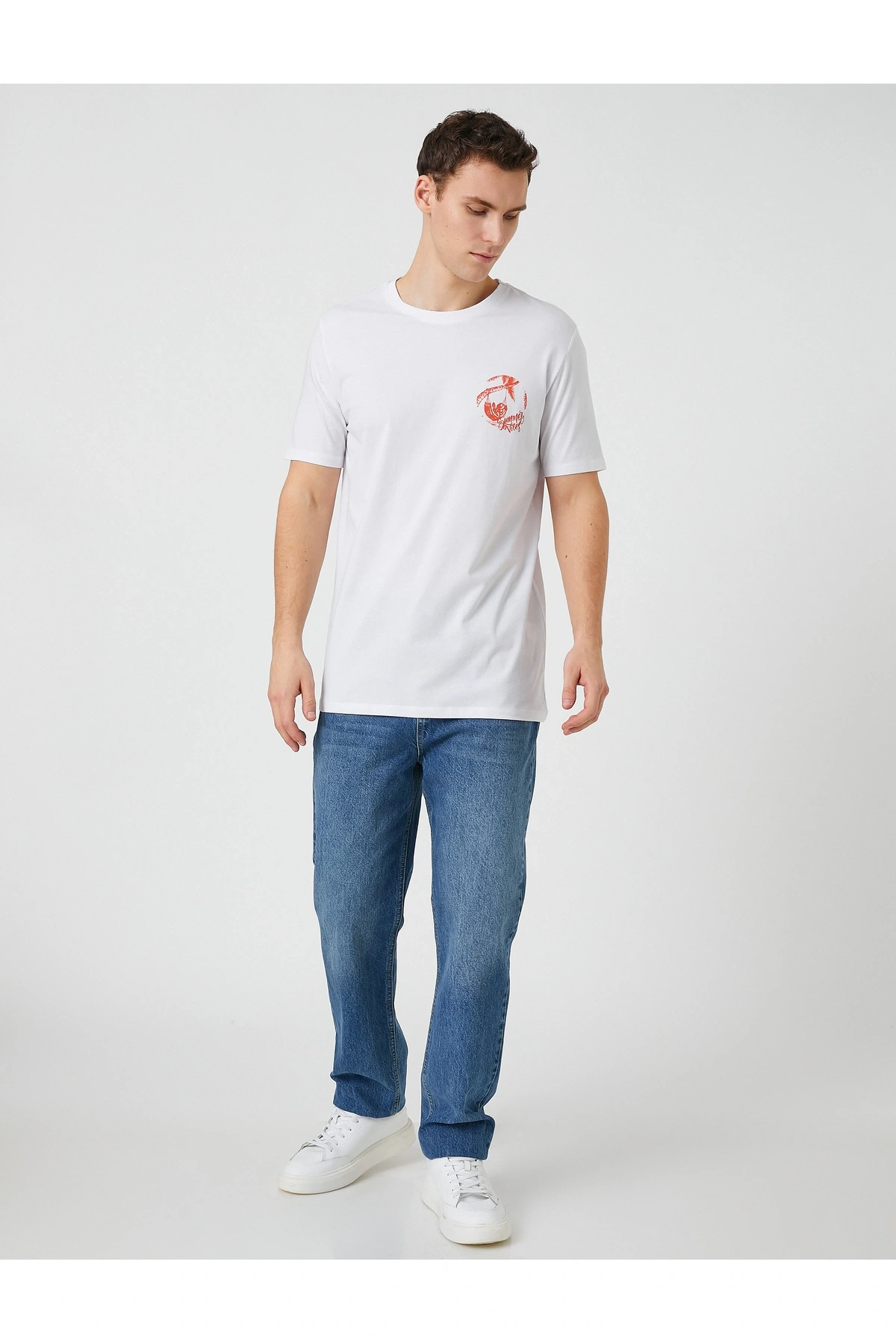 Bisiklet Yaka Tişört Palmiye Baskılı Kısa Kollu