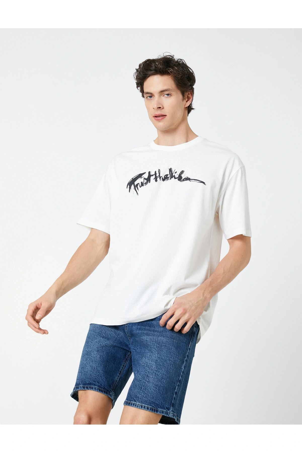 Oversize Tişört Slogan Baskılı Bisiklet Yaka Kısa Kollu Pamuklu