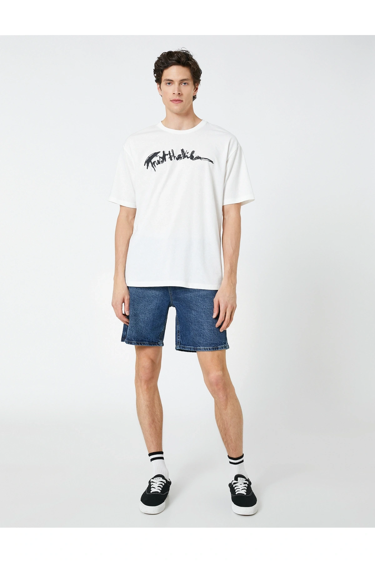 Oversize Tişört Slogan Baskılı Bisiklet Yaka Kısa Kollu Pamuklu