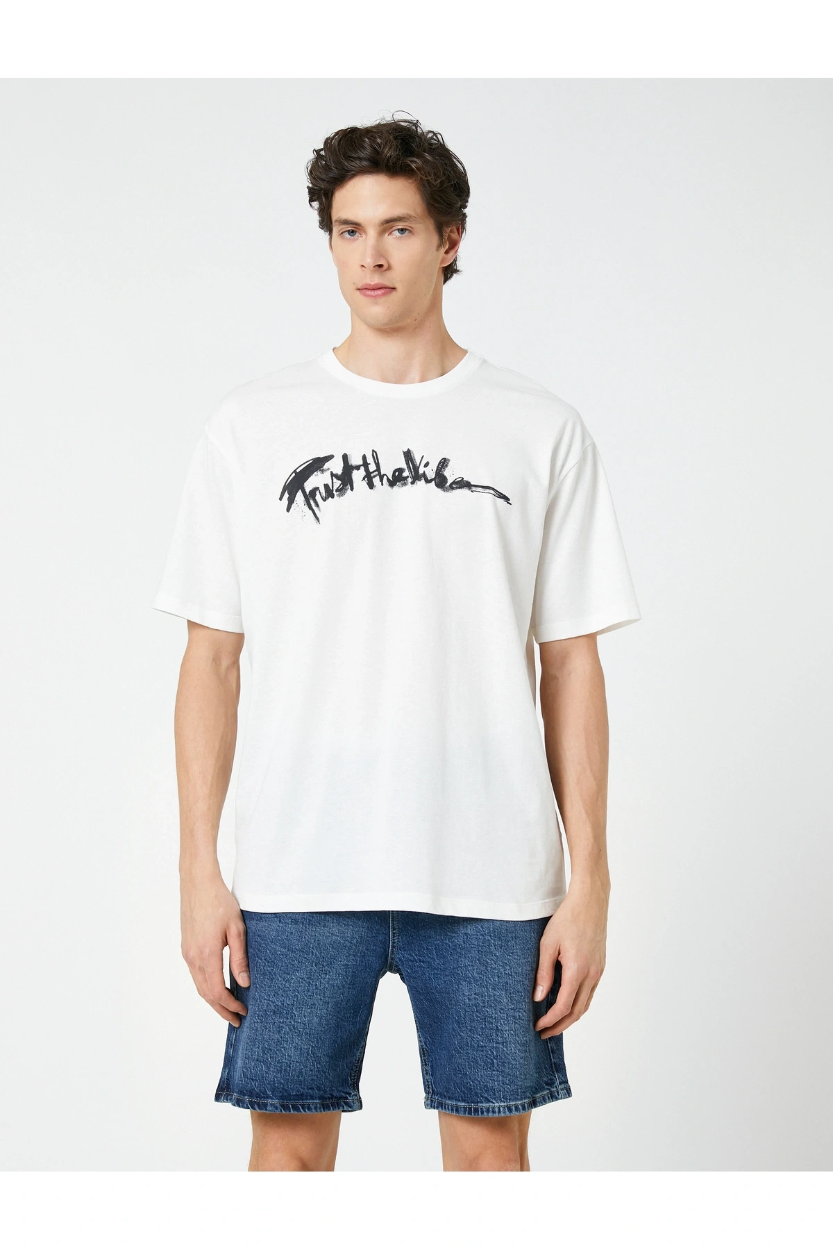 Oversize Tişört Slogan Baskılı Bisiklet Yaka Kısa Kollu Pamuklu