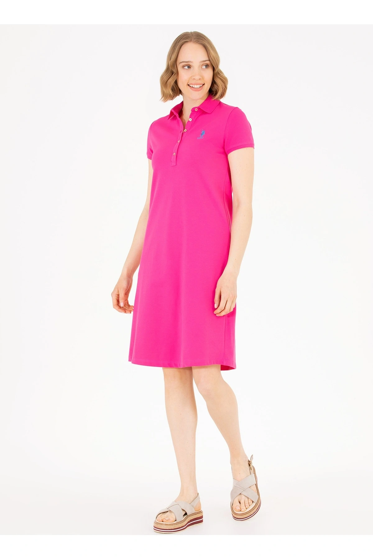 Polo Yaka Düz Pembe Diz Üstü Kadın Elbise Gurlın23