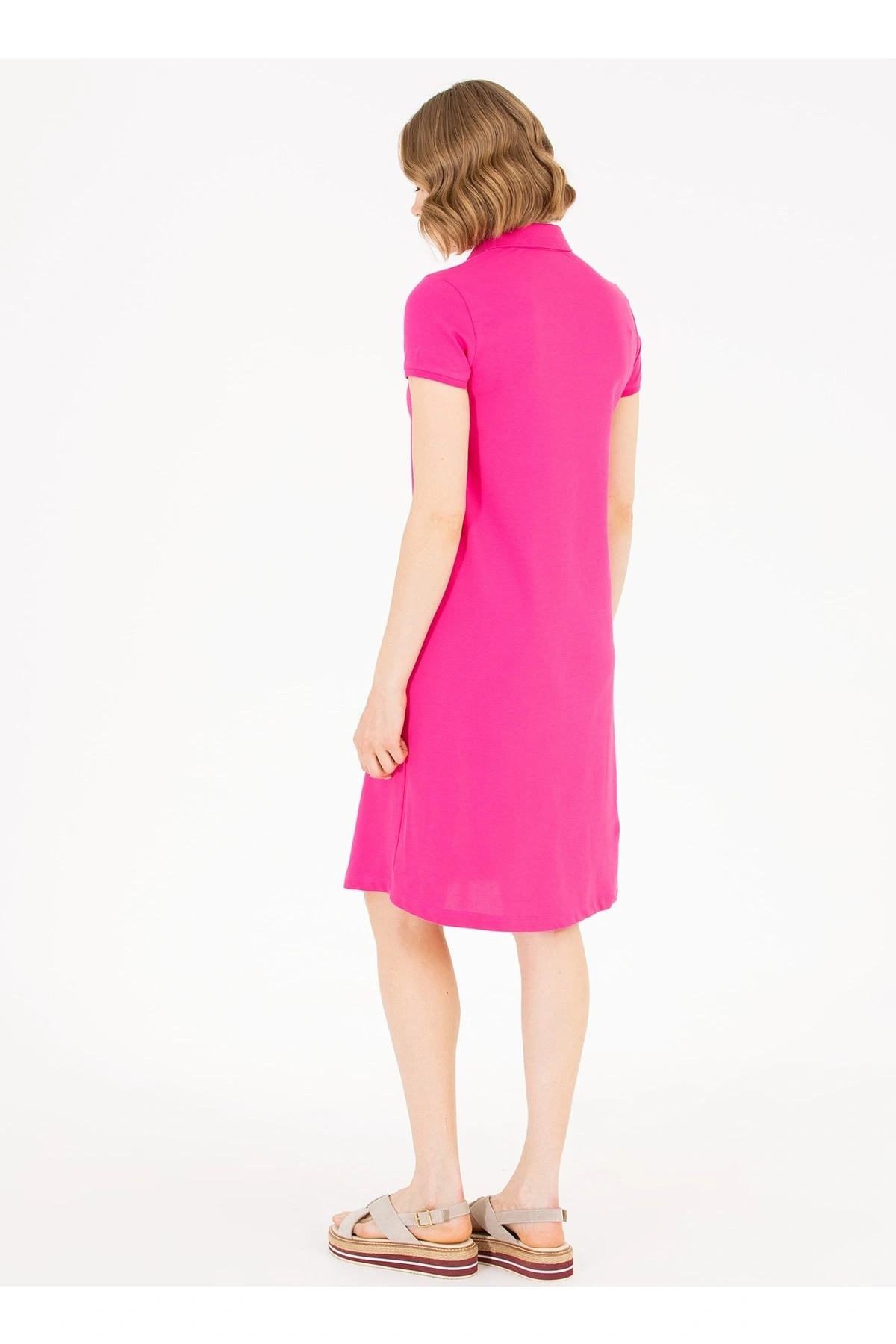 Polo Yaka Düz Pembe Diz Üstü Kadın Elbise Gurlın23