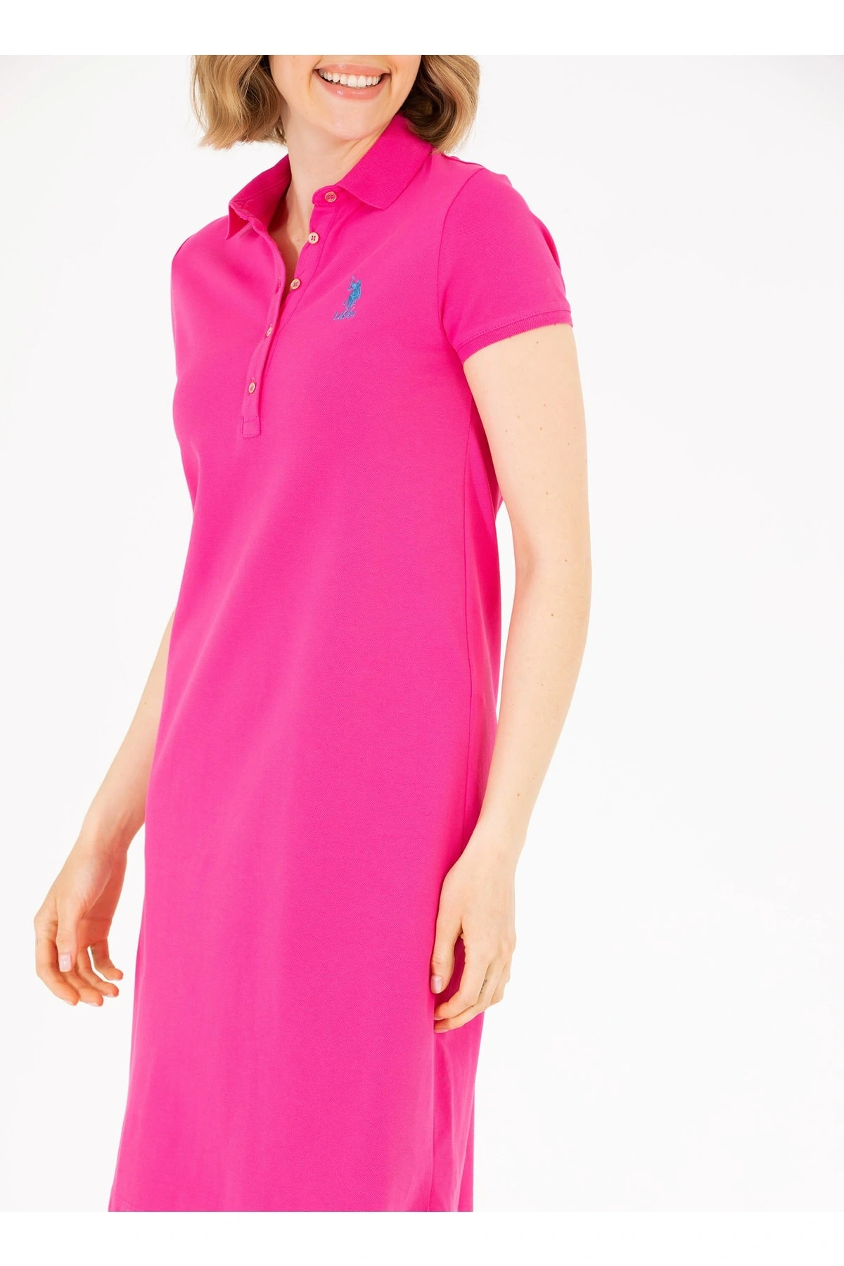 Polo Yaka Düz Pembe Diz Üstü Kadın Elbise Gurlın23