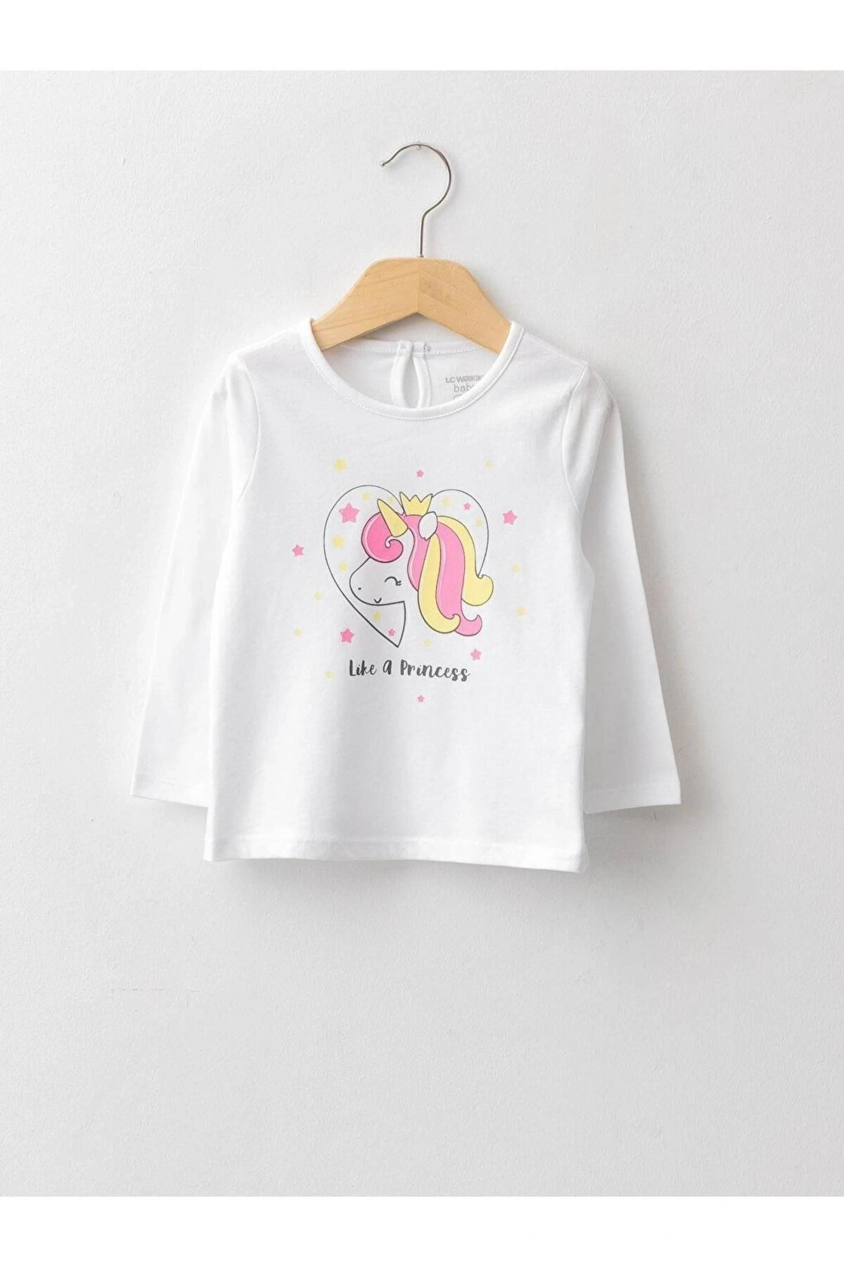 LCW baby Bisiklet Yaka Uzun Kol Baskılı Pamuklu Kız Bebek Tişört