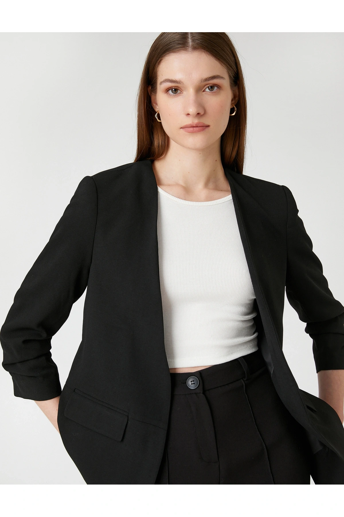 Kol Detaylı Blazer Ceket V Yaka Önü Açık