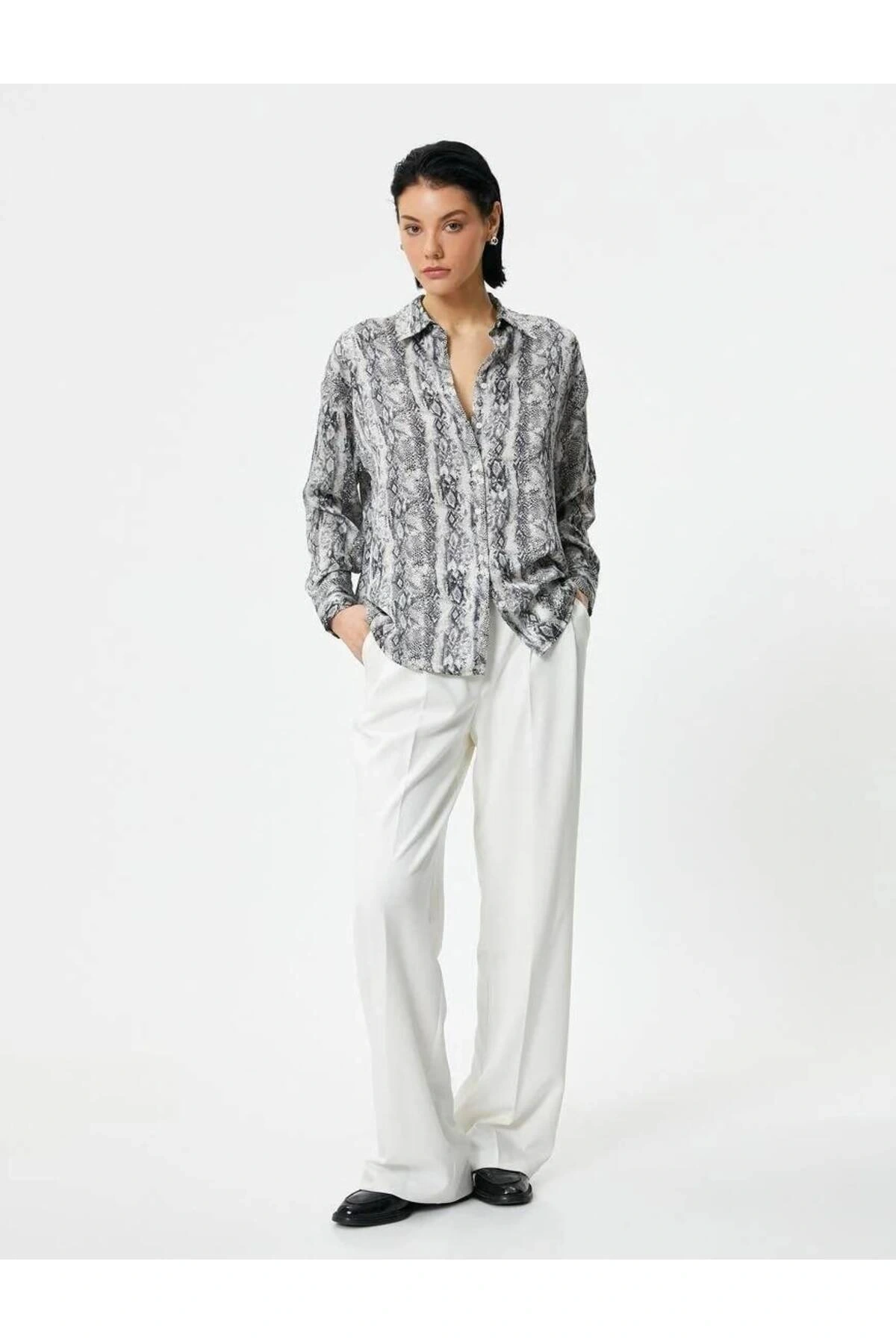4sak60243uw Kadın Uzun Kol Gömlek Siyah Desenli