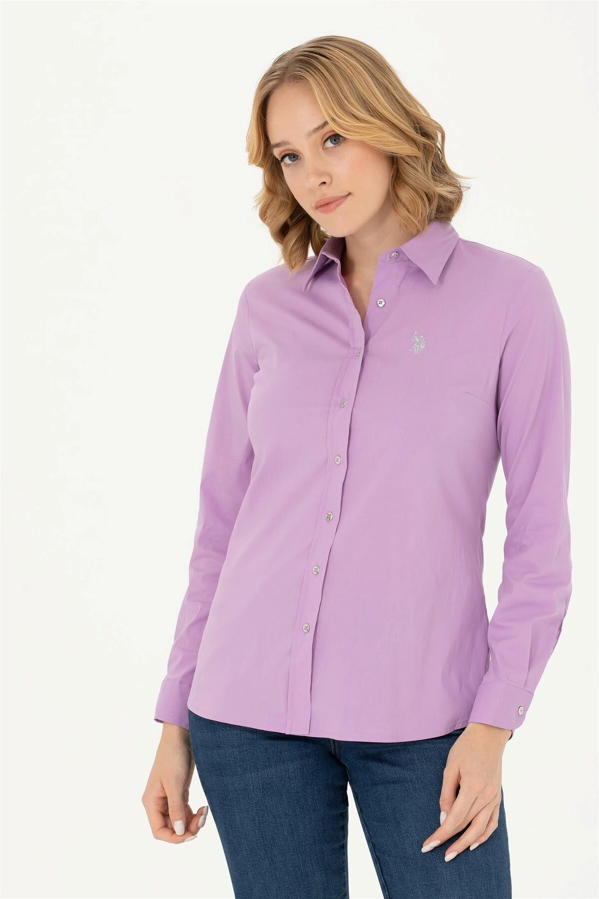 Kadın Lila Uzun Kollu Basic Gömlek