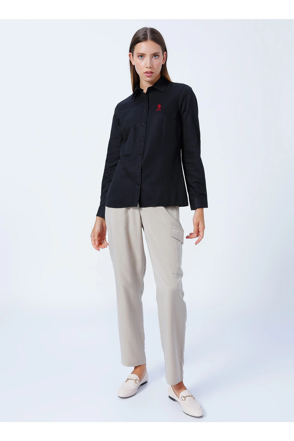 Gömlek Yaka Düz Siyah Kadın Gömlek Wox022k