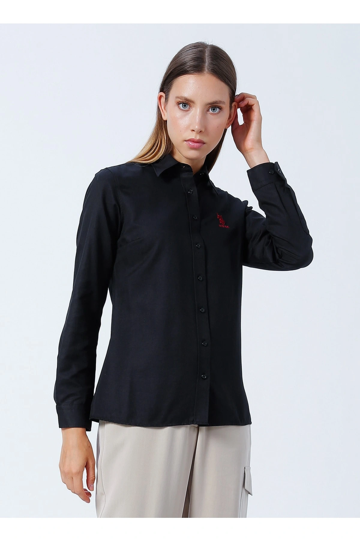 Gömlek Yaka Düz Siyah Kadın Gömlek Wox022k