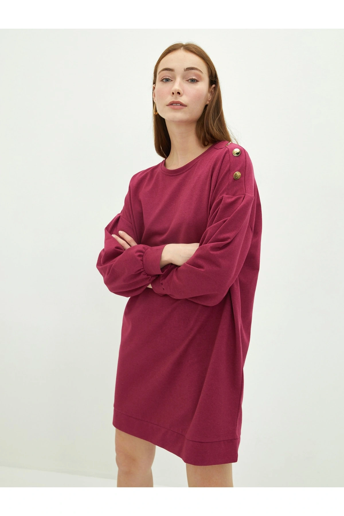 Bisiklet Yaka Düz Uzun Kollu Kadın Elbise