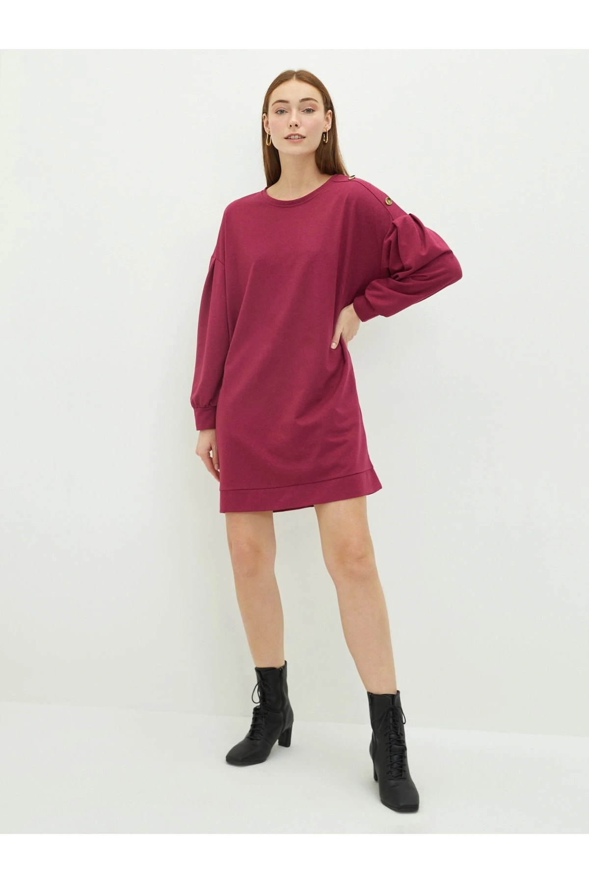 Bisiklet Yaka Düz Uzun Kollu Kadın Elbise