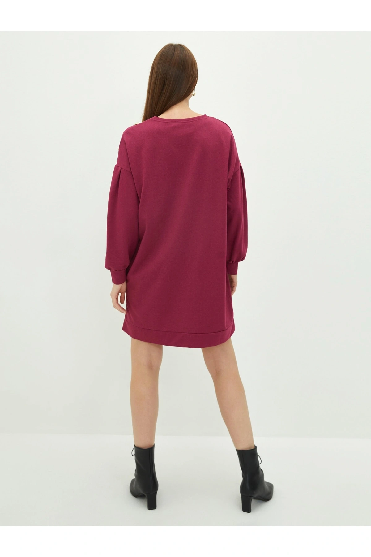 Bisiklet Yaka Düz Uzun Kollu Kadın Elbise