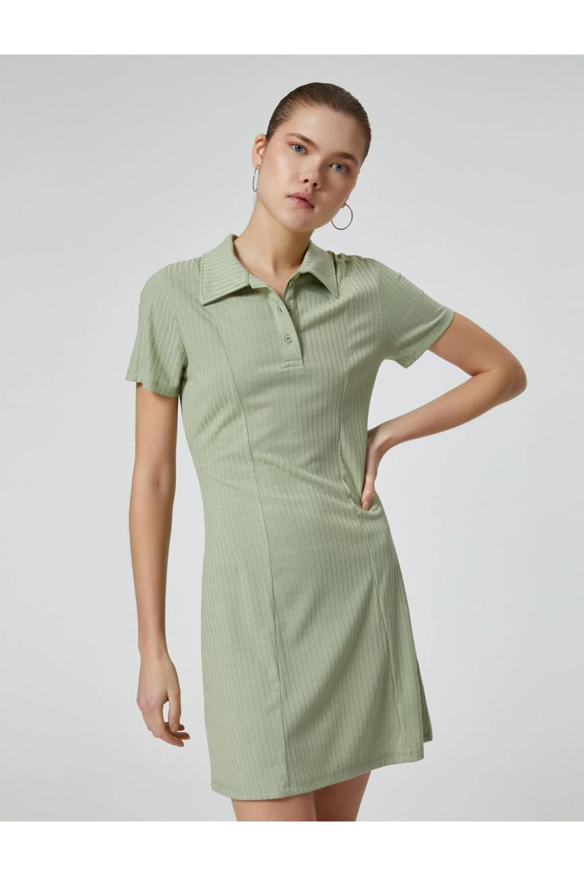 Polo Yaka Mini Elbise A Kesim Kısa Kollu Ribanalı