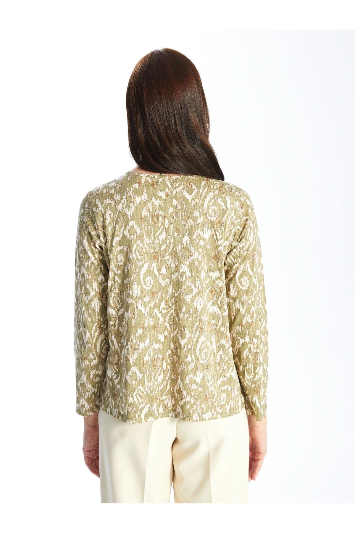 Bisiklet Yaka Desenli Uzun Kollu Kadın Bluz