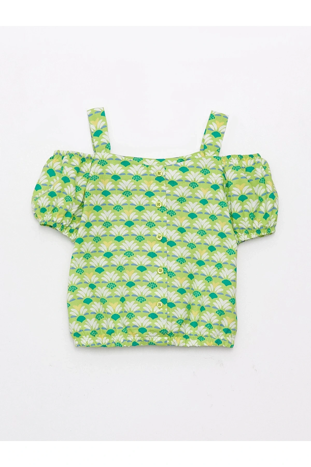 Kare Yaka Desenli Kısa Kollu Kız Çocuk Bluz