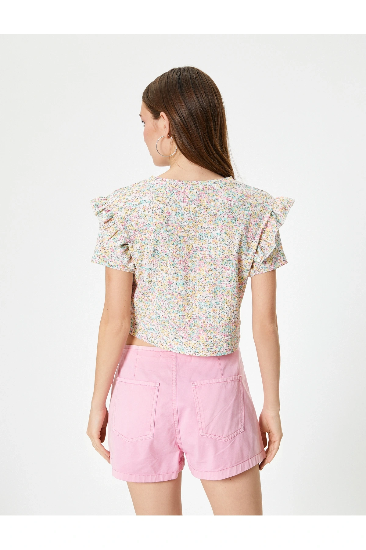 Çiçekli Fırfırlı Tişört Kısa Kollu Bisiklet Yaka Dokulu Bürümcük