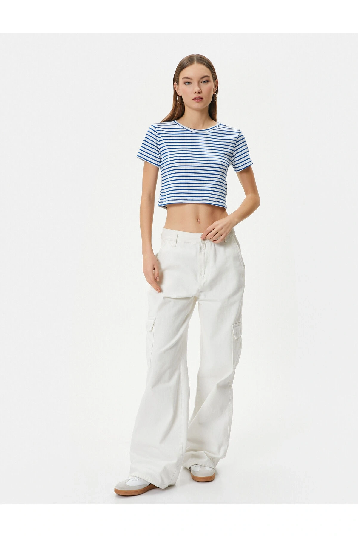 Crop Tişört Slim Fit Ribanalı Kısa Kollu Bisiklet Yaka