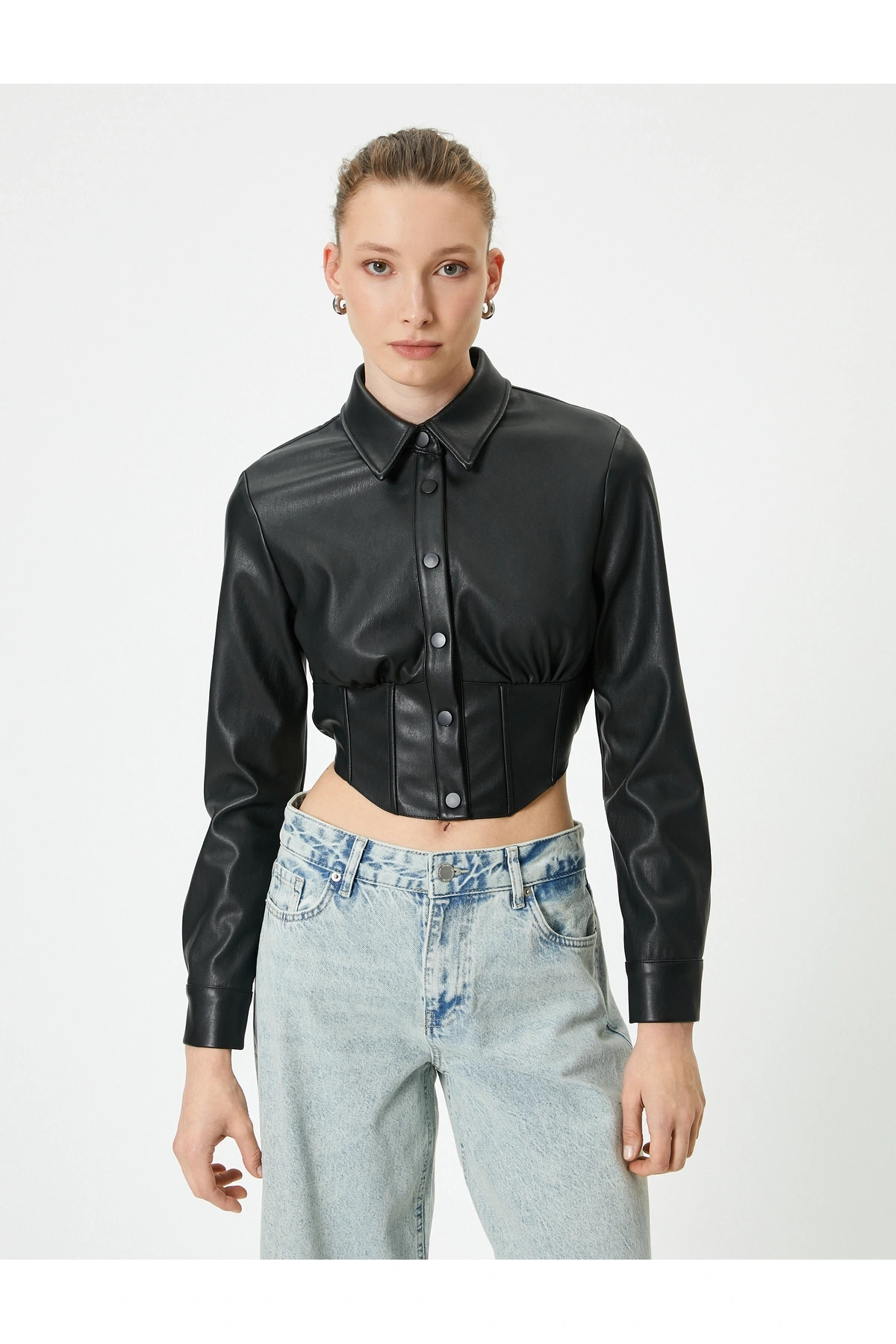 Deri Görünümlü Gömlek Crop Korse Detaylı Uzun Kollu Düğmeli Slim Fit