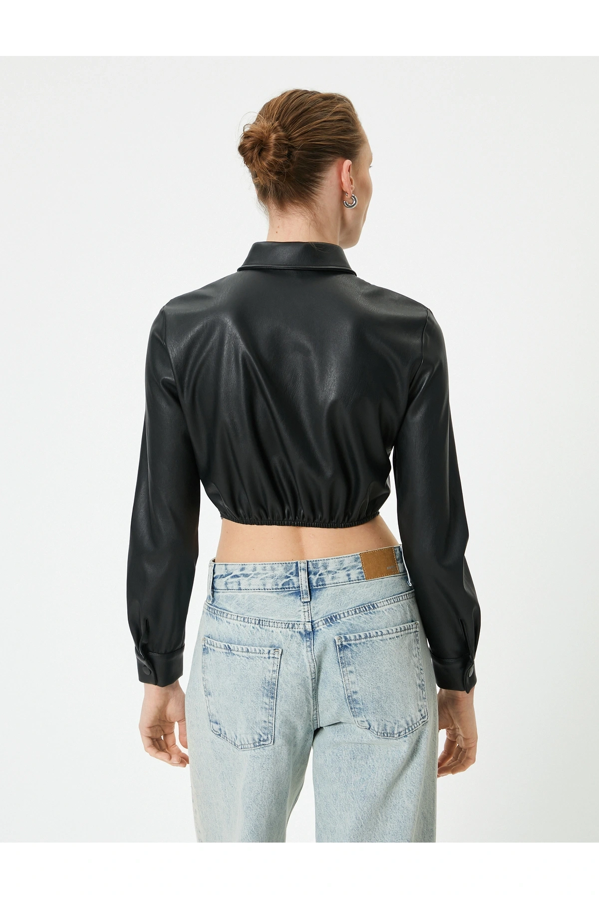 Deri Görünümlü Gömlek Crop Korse Detaylı Uzun Kollu Düğmeli Slim Fit