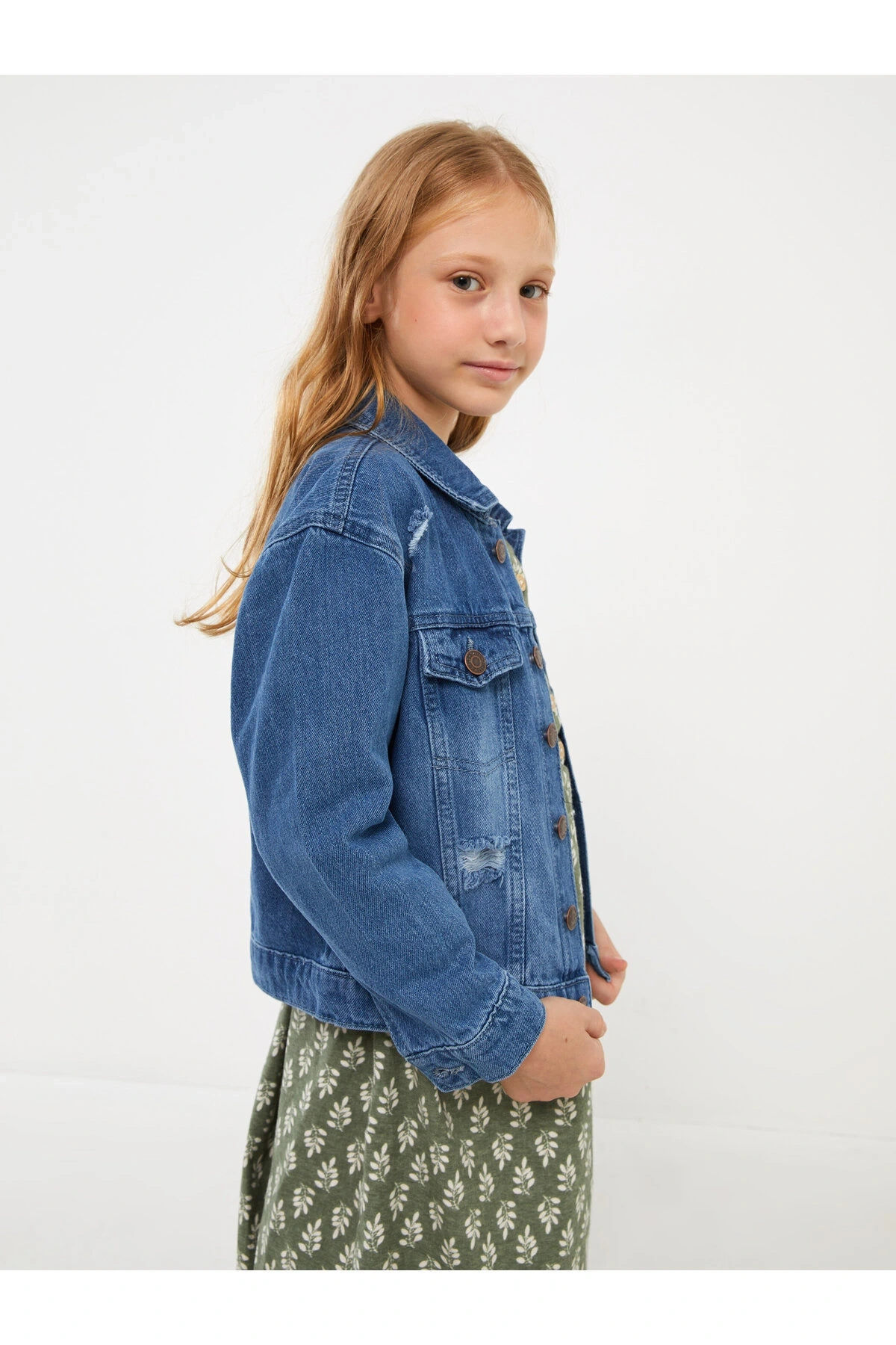 Yırtık Detaylı Kız Çocuk Jean Ceket
