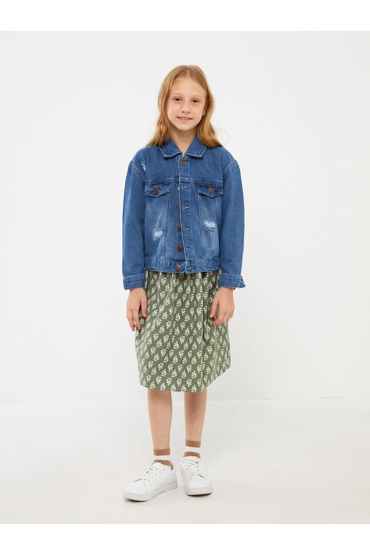 Yırtık Detaylı Kız Çocuk Jean Ceket
