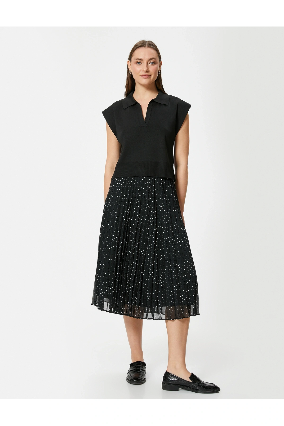 Yüksek Bel Tül Astarlı Pileli Puantiyeli Midi Etek