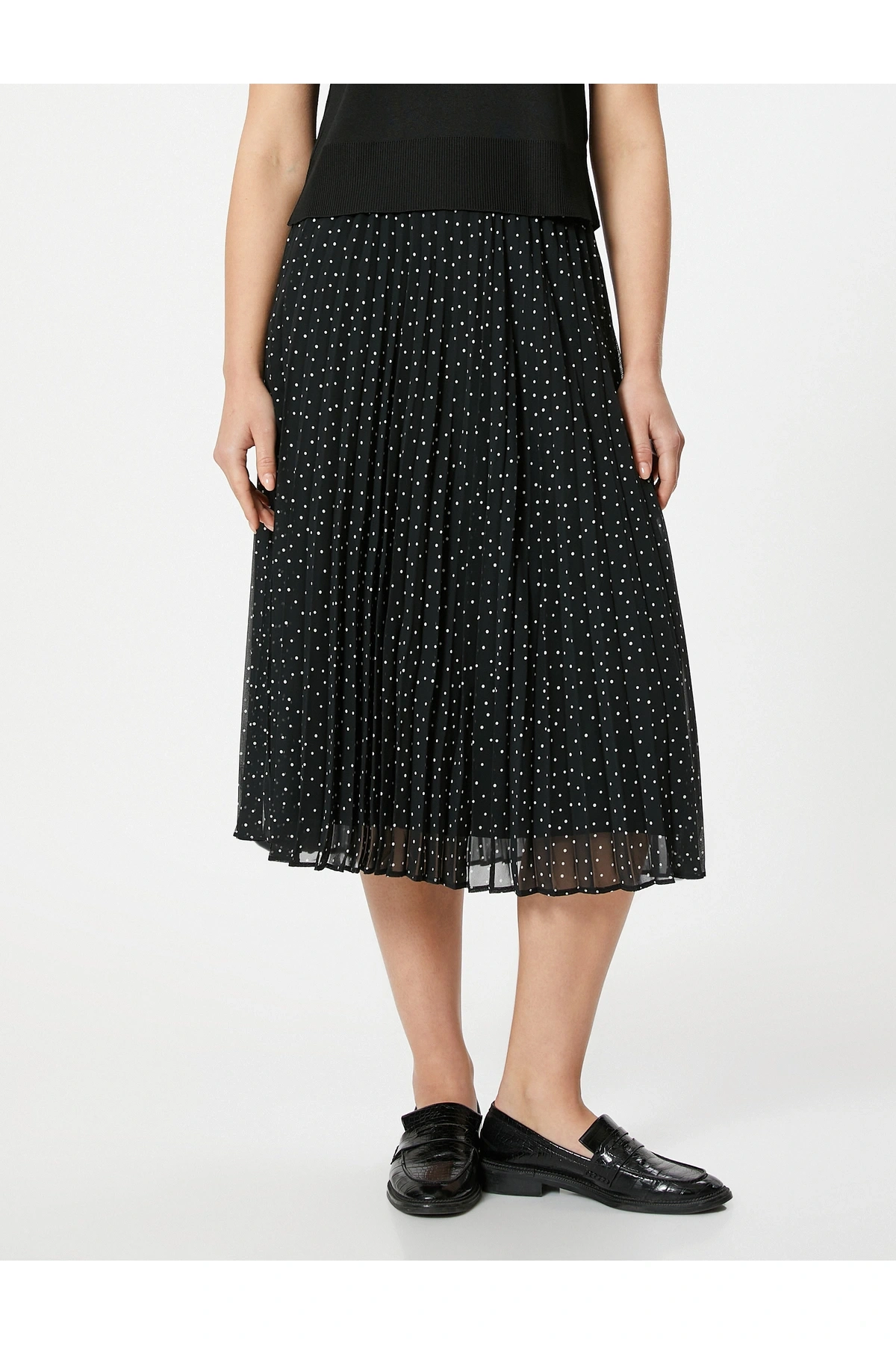 Yüksek Bel Tül Astarlı Pileli Puantiyeli Midi Etek