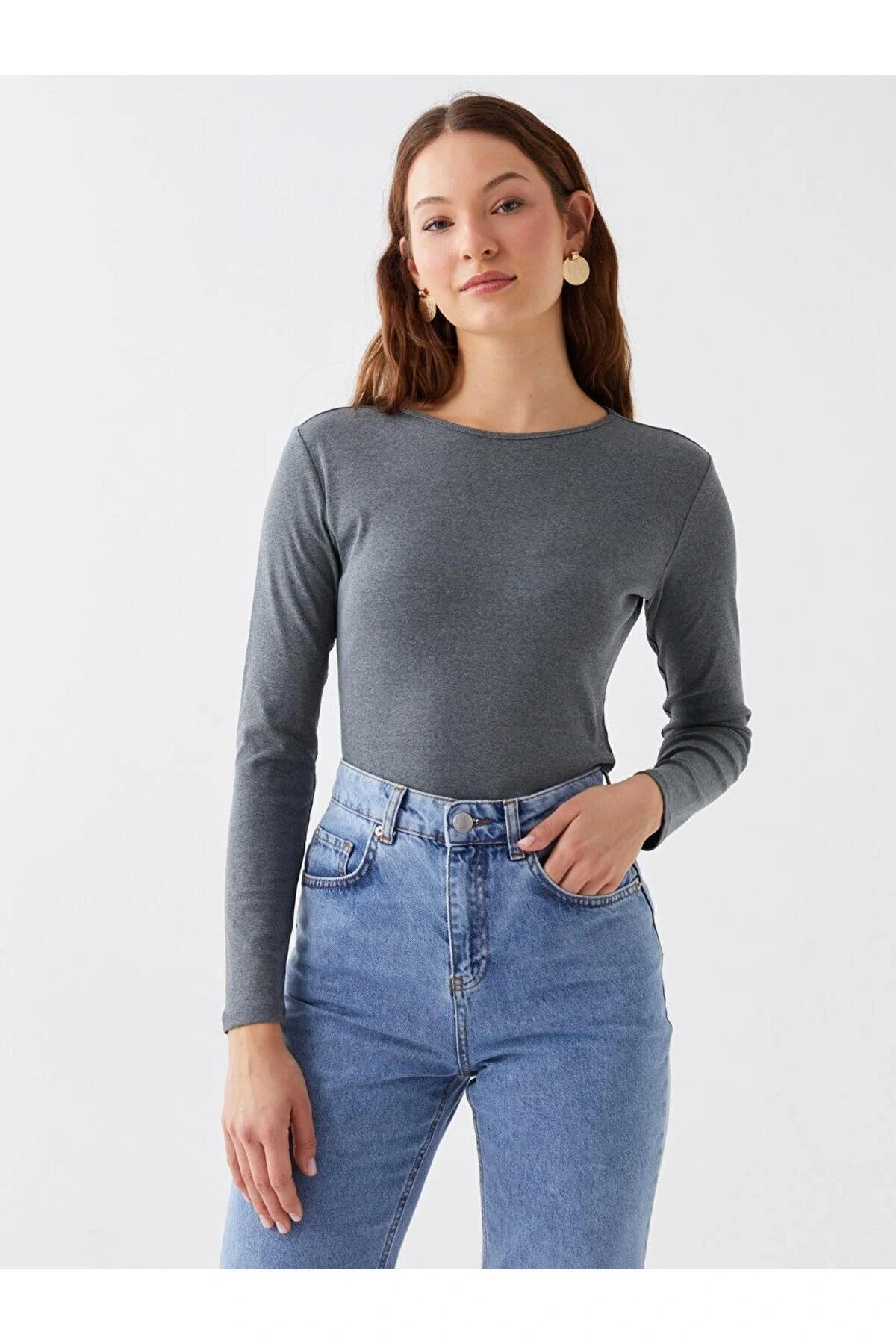 LCWAIKIKI Classic Bisiklet Yaka Düz Uzun Kollu Kadın Tişört